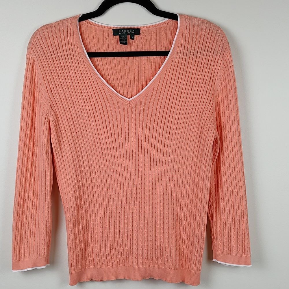 Ralph Lauren Classic Cable Knit V-neck Sweater Size M Old Money Tennis Preppy